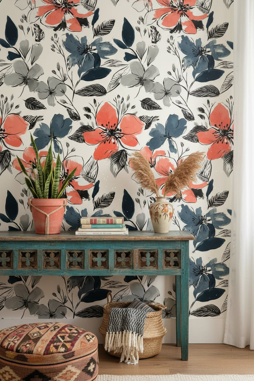 Coral and Blue Oversized Floral Wallpaper