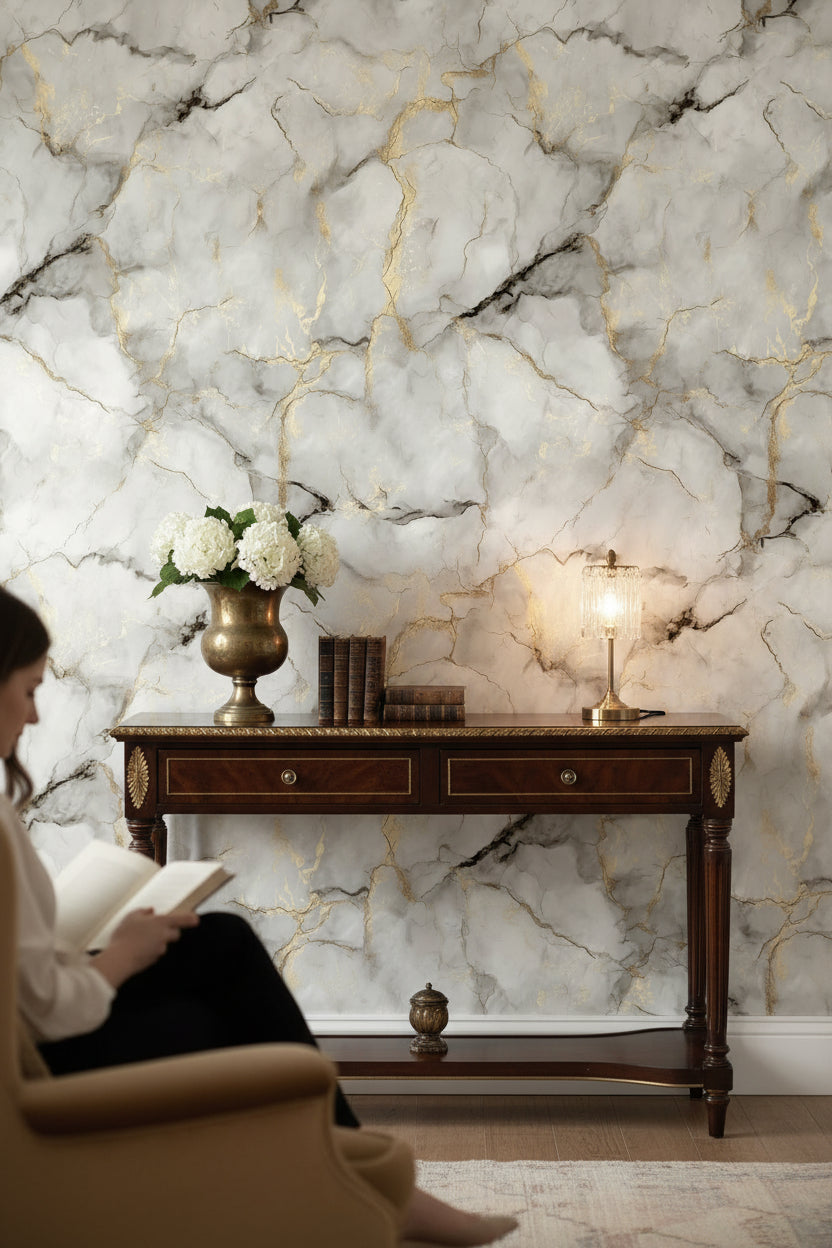 White and Golden Look Marble Texture Wallpaper
