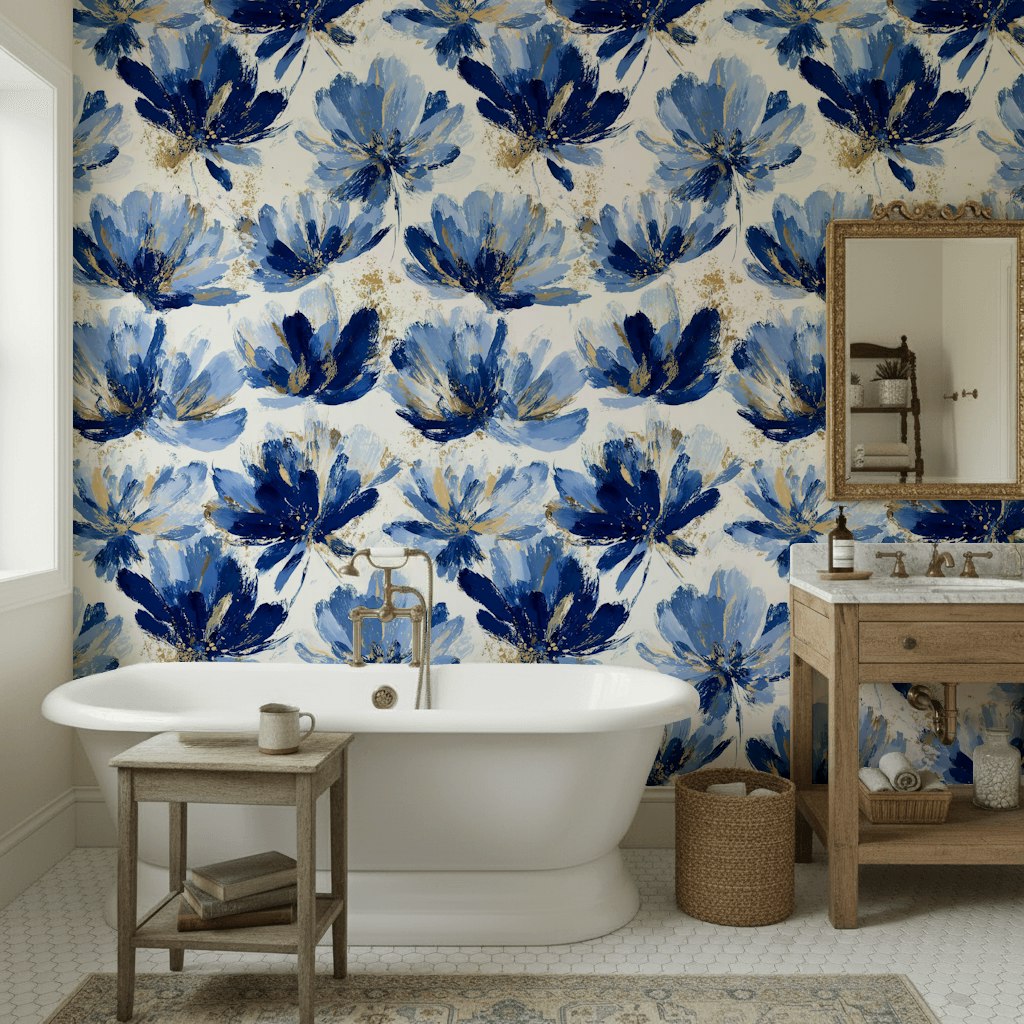 Cobalt Blue Large Flower Floral Wallpaper