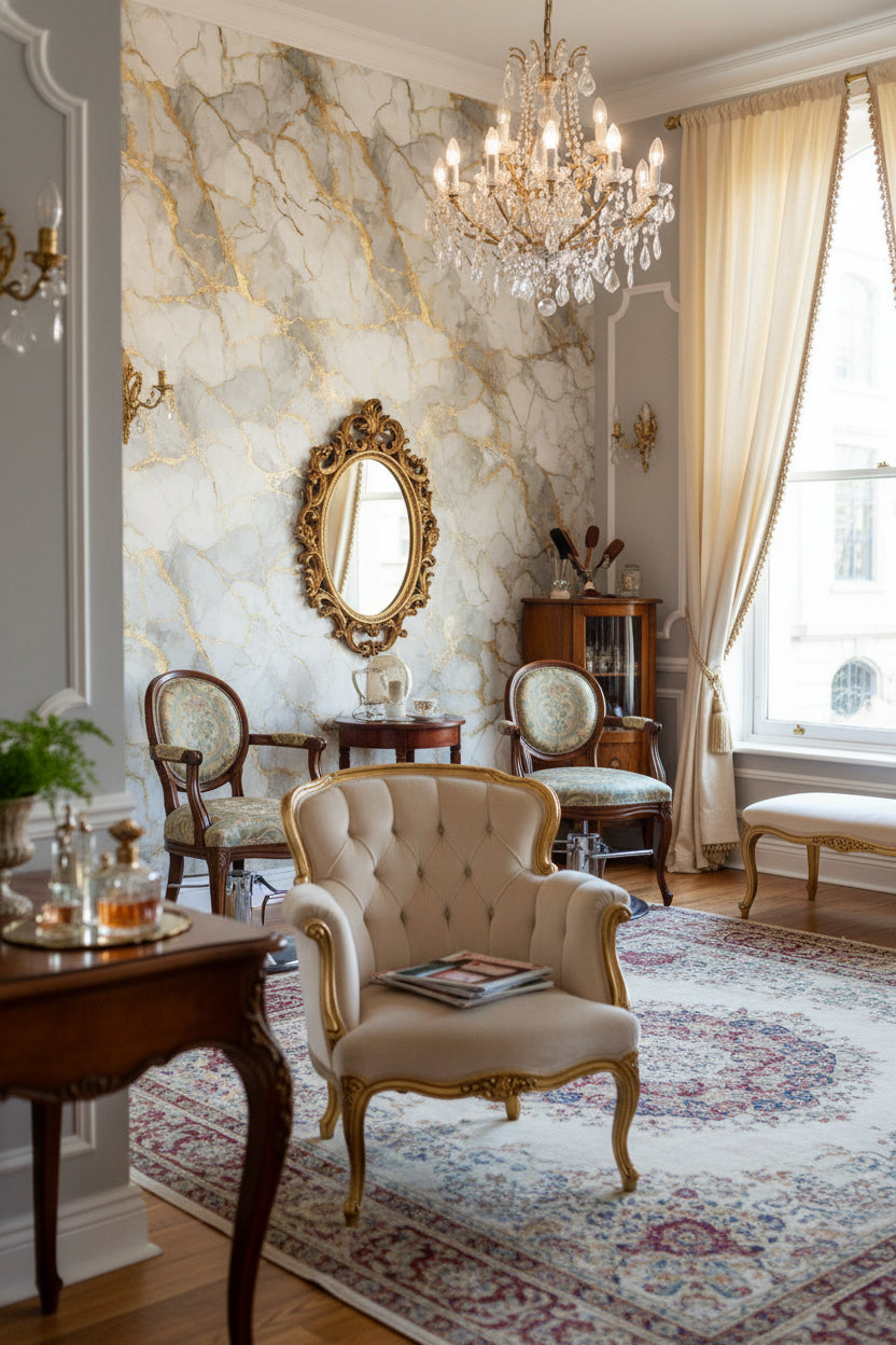White and Gold Look Marble Effect Luxury Wallpaper