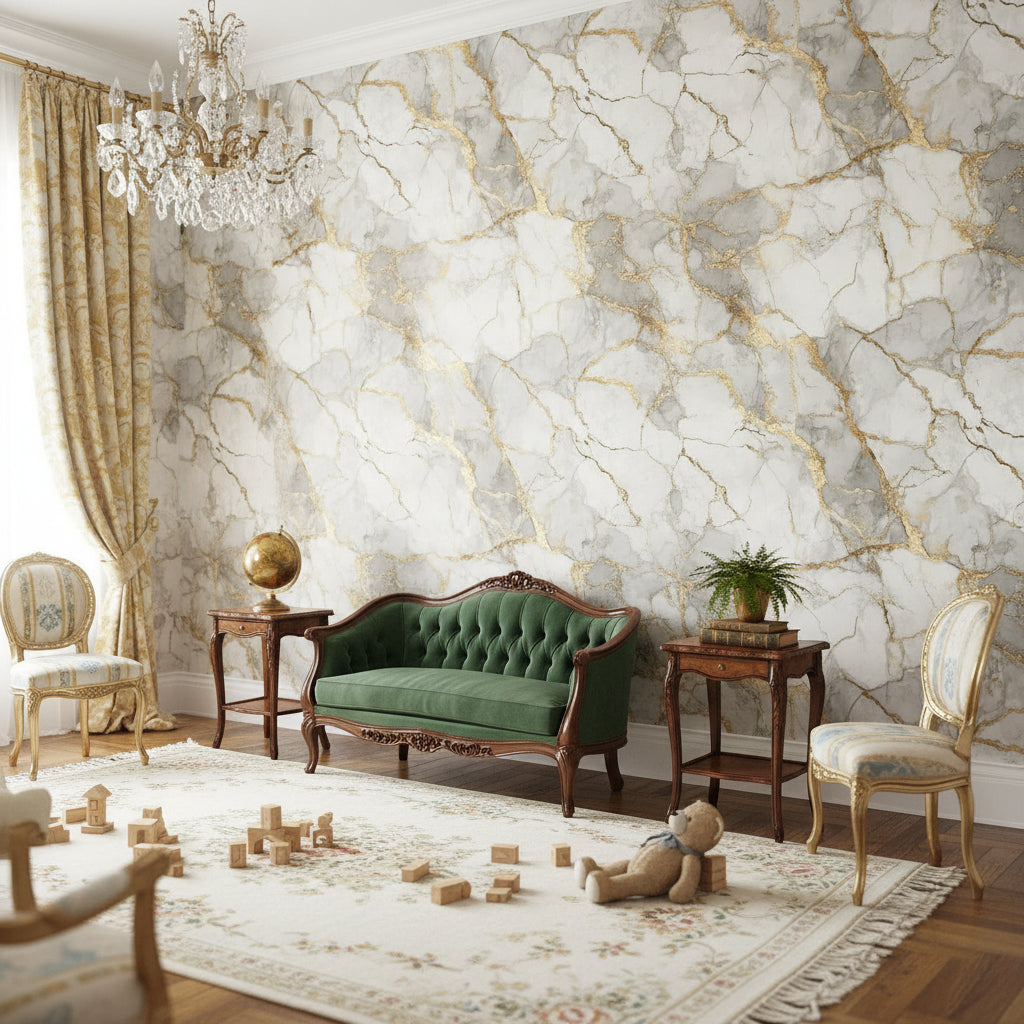 White and Gold Look Marble Effect Luxury Wallpaper