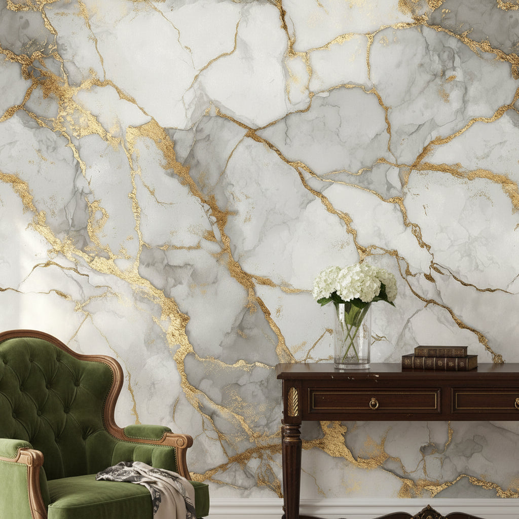 White and Gold Look Marble Effect Luxury Wallpaper
