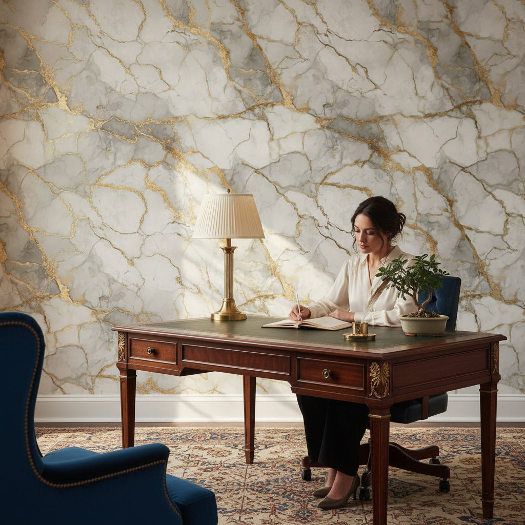 White and Gold Look Marble Effect Luxury Wallpaper