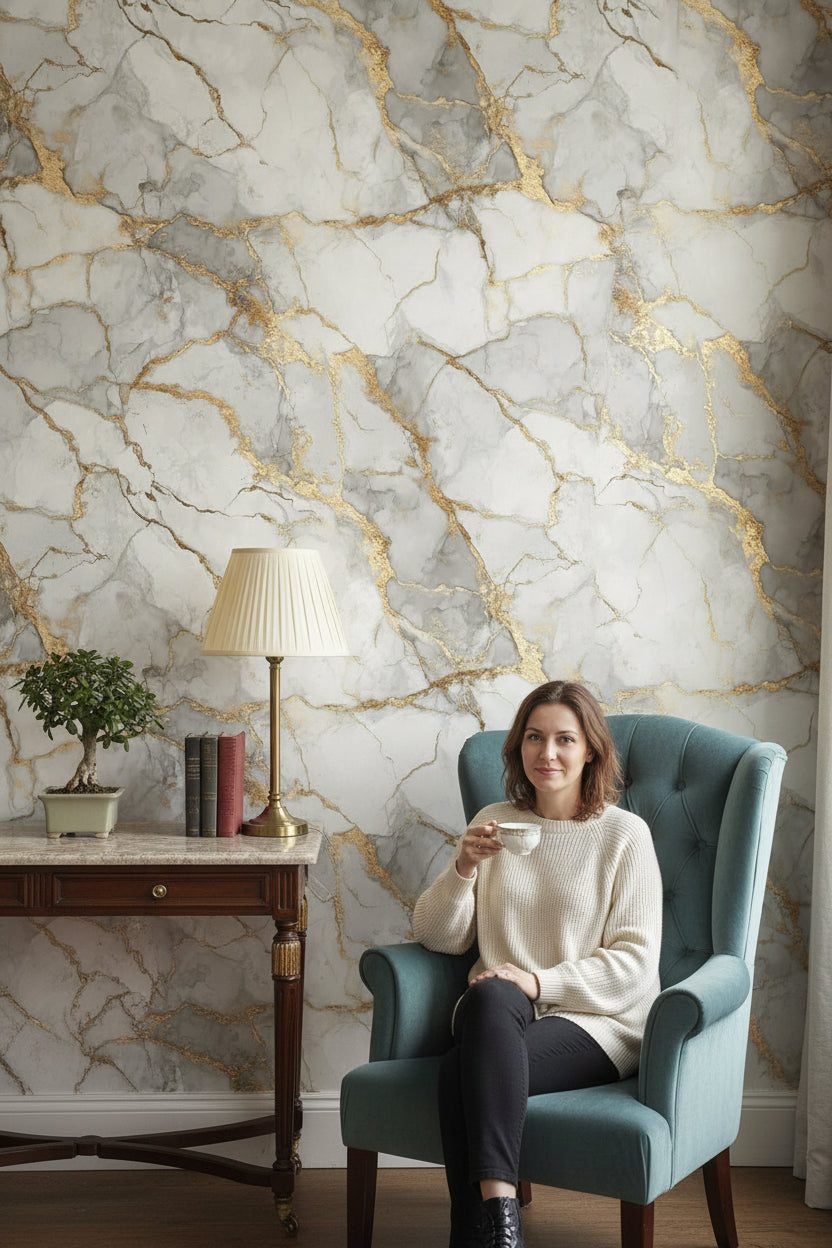 White and Gold Look Marble Effect Luxury Wallpaper