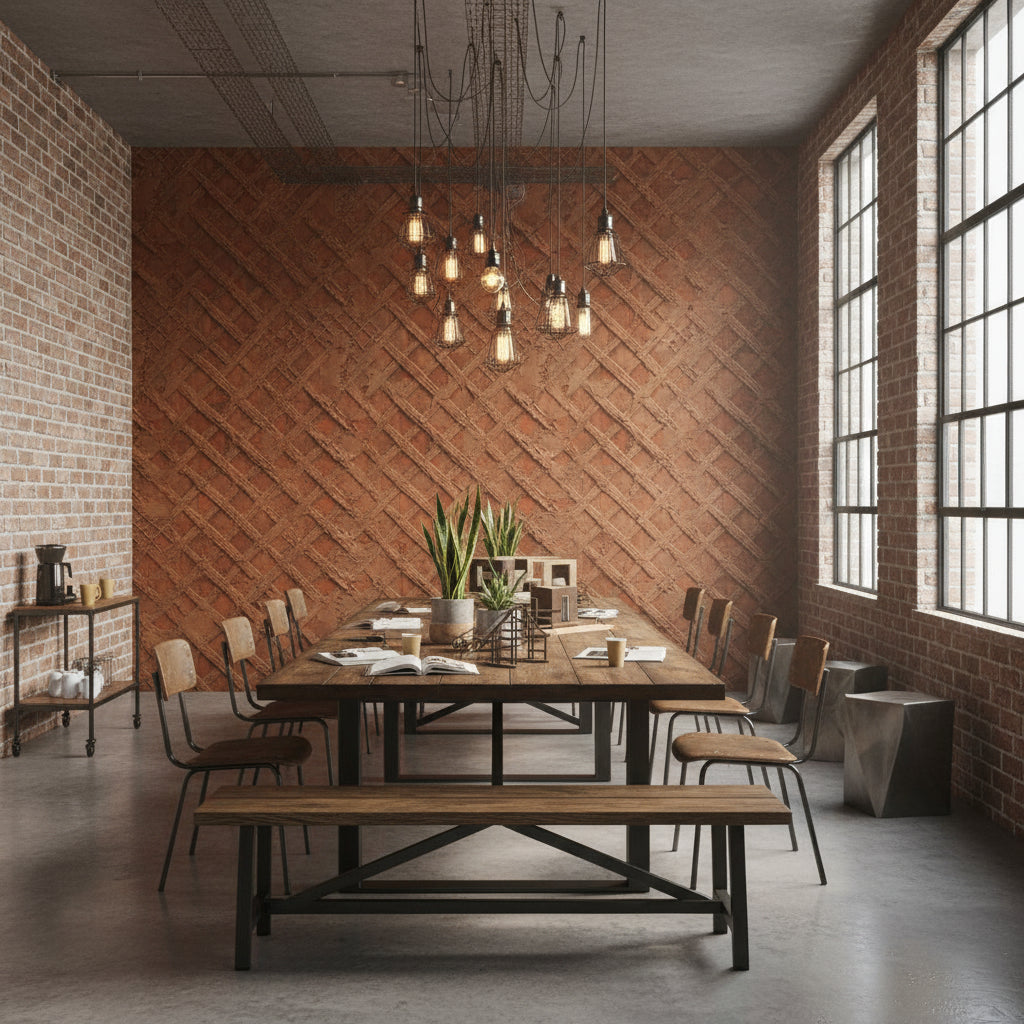 Rustic Brown Textured Lattice Brick Wallpaper