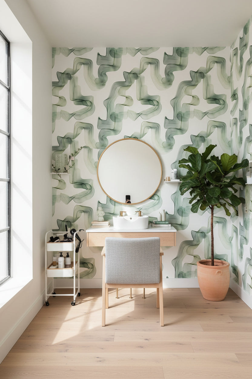 White and Green Abstract Flow Wallpaper