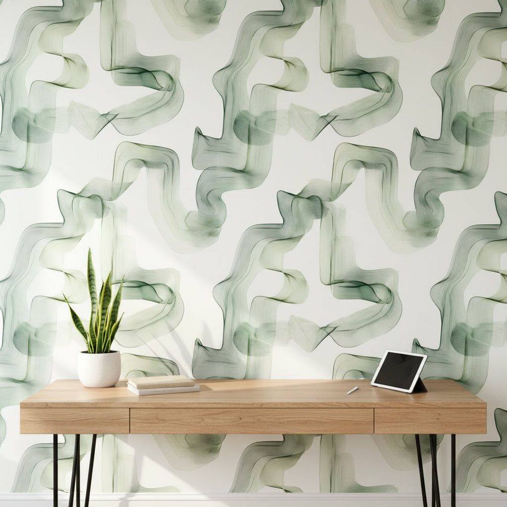 White and Green Abstract Flow Wallpaper