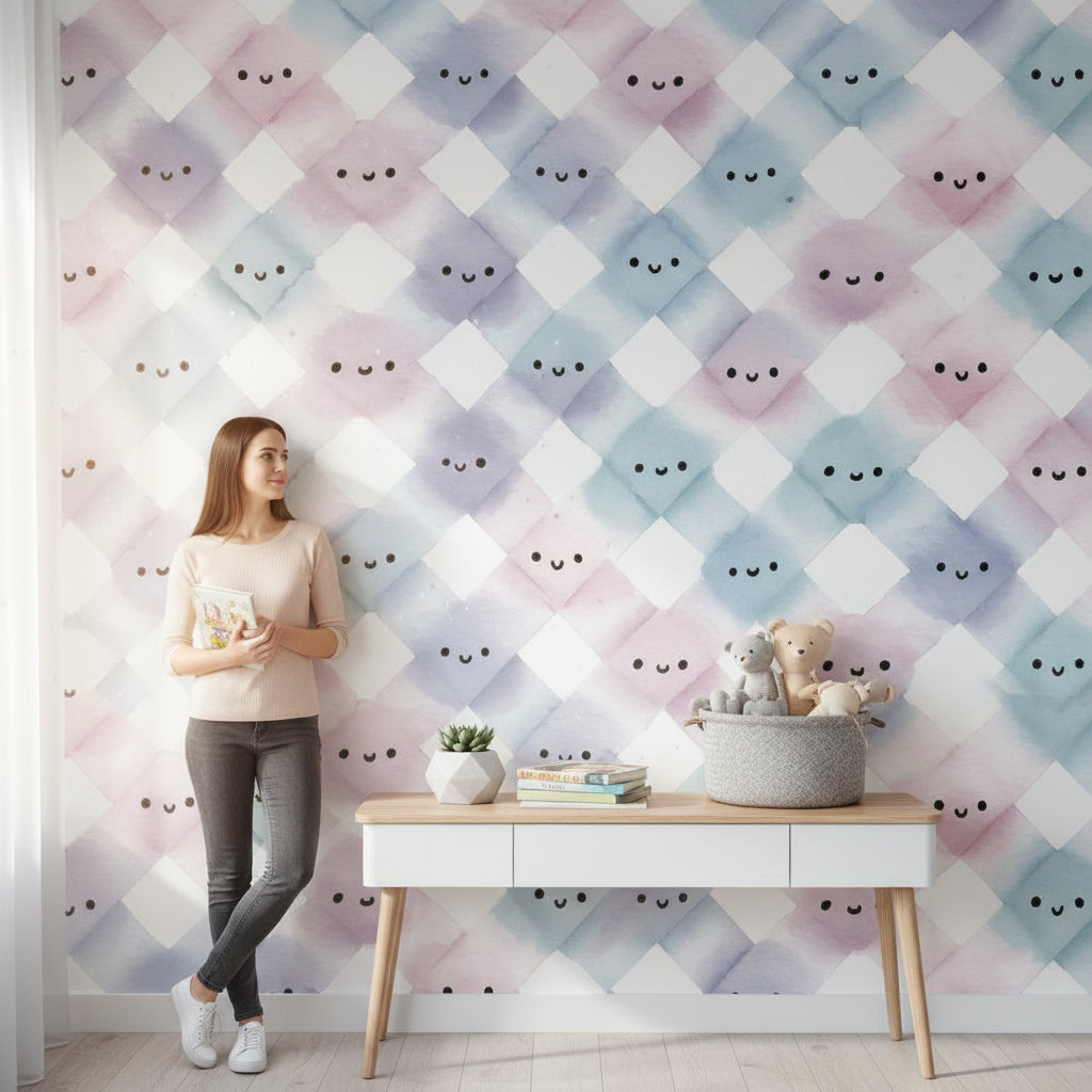 Pastel Argyle Wallpaper Playful Smiley Wall Mural