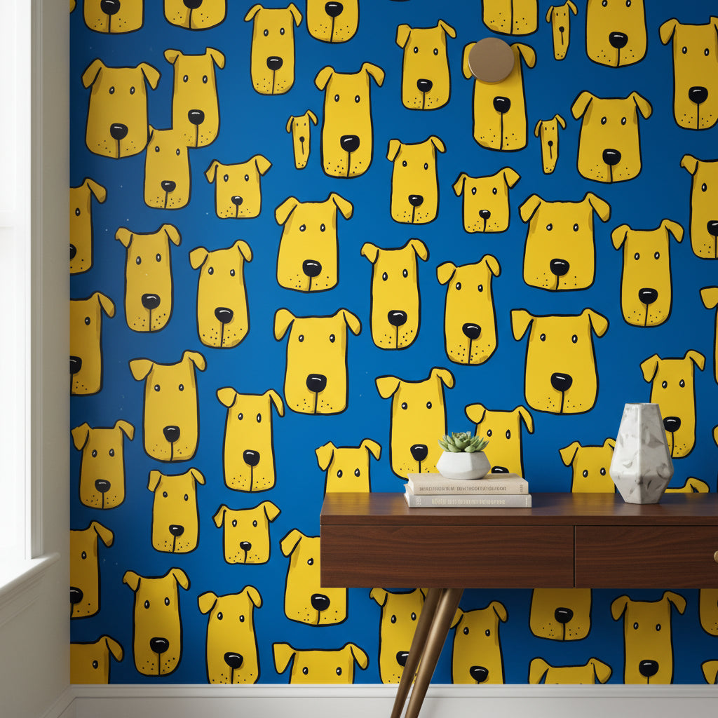 Bright Blue and Yellow Dog Pattern Wallpaper