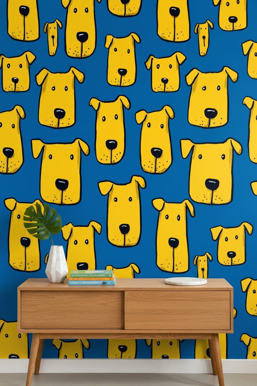 Bright Blue and Yellow Dog Pattern Wallpaper