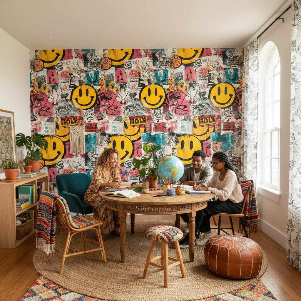 Vibrant Multicolor Graffiti Smiley Wallpaper