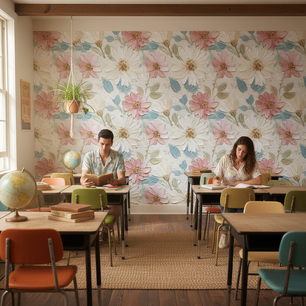 Pastel Pink and White Floral Textured Wallpaper