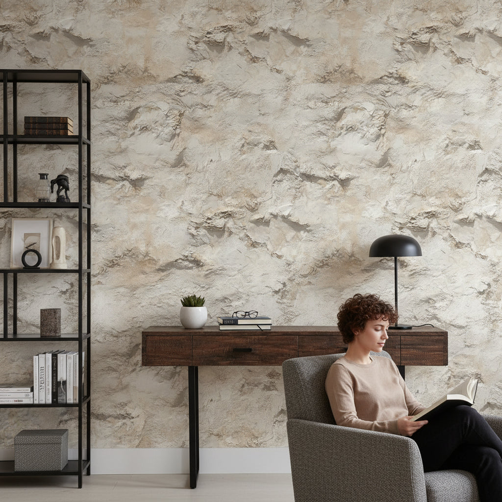 Natural Beige Textured Stone Effect Wallpaper