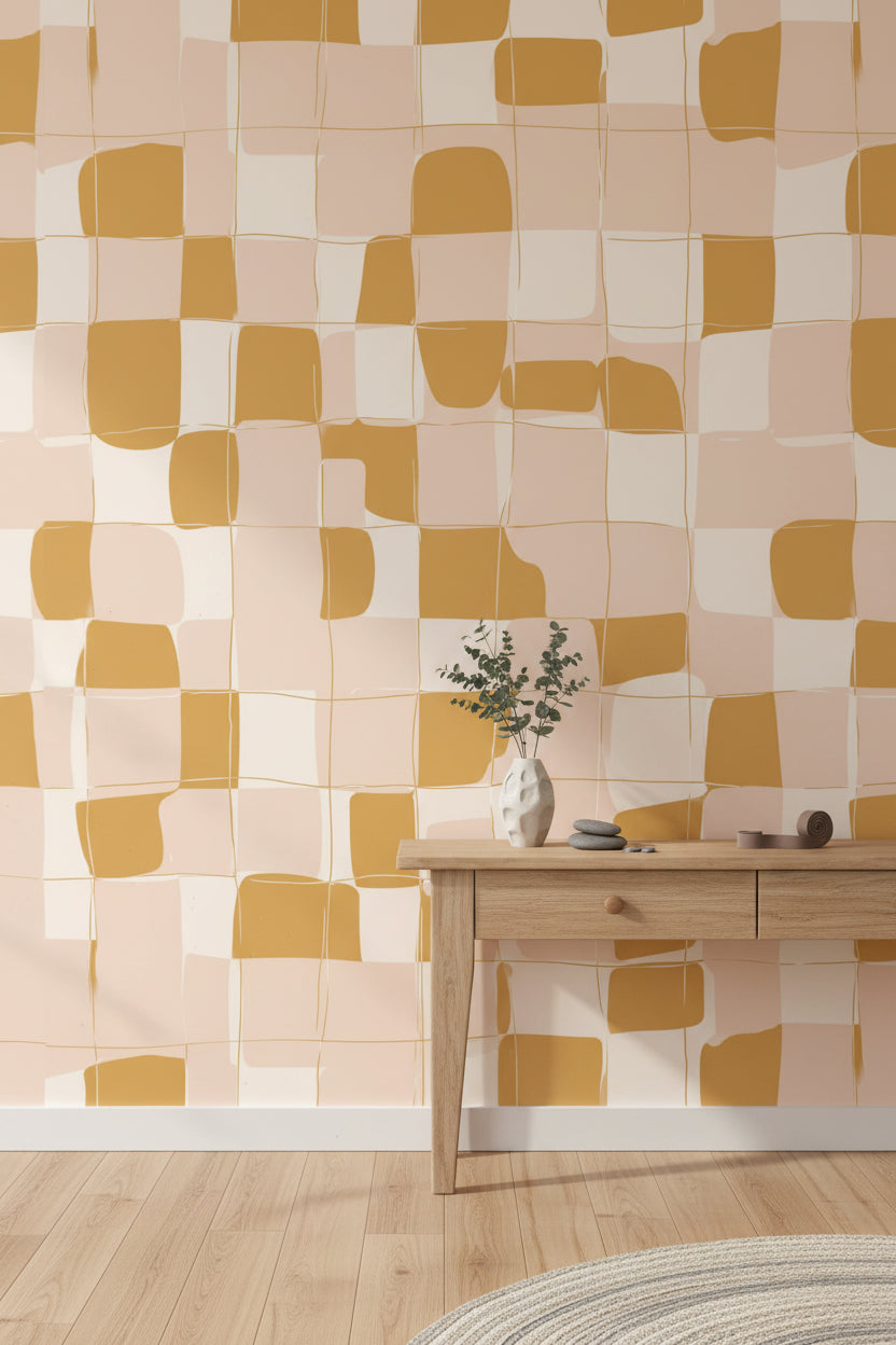 Soft Beige and Gold Look Abstract Checkered Wallpaper
