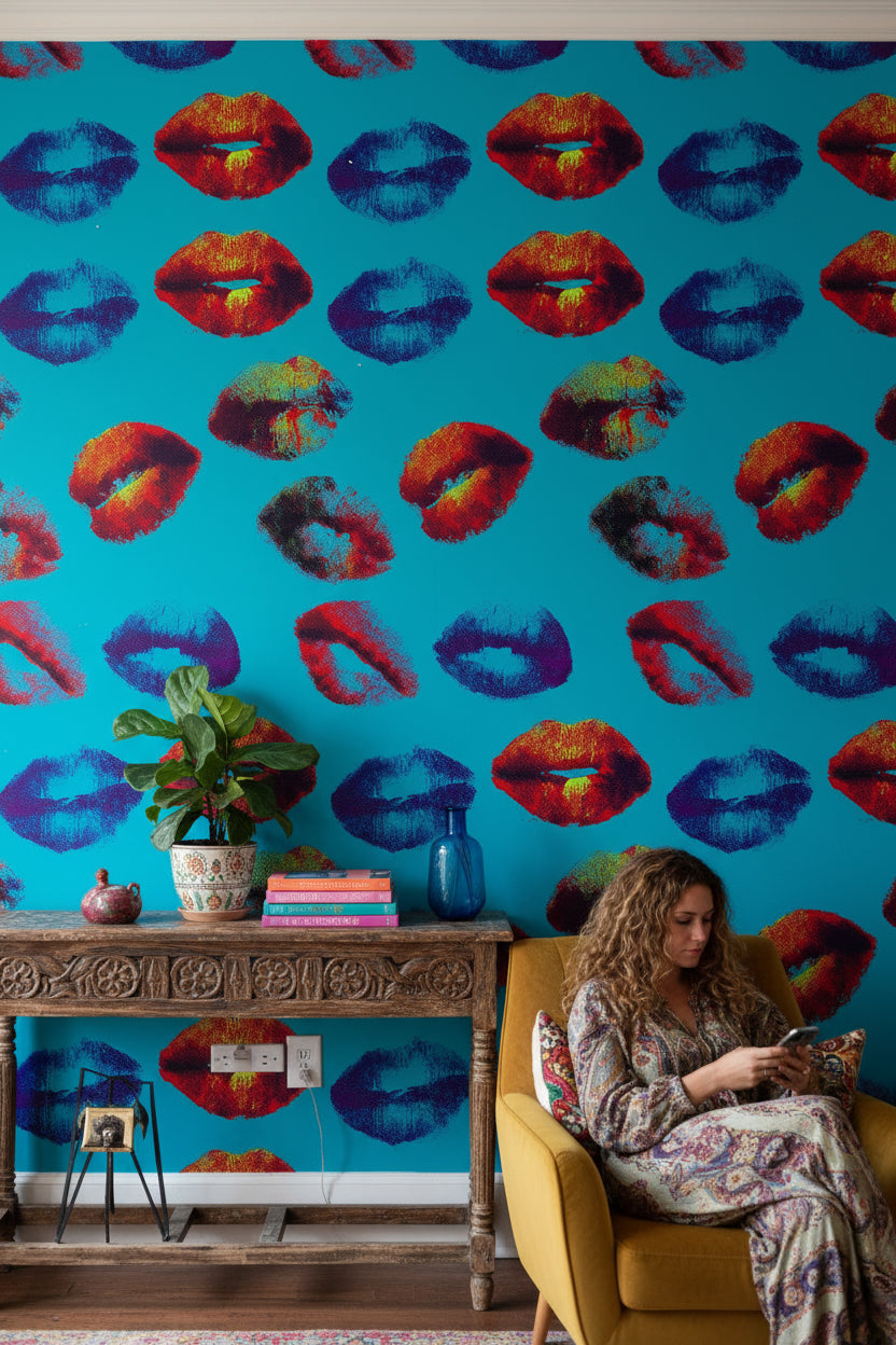 Vibrant Blue Pop-Art Lips Wallpaper