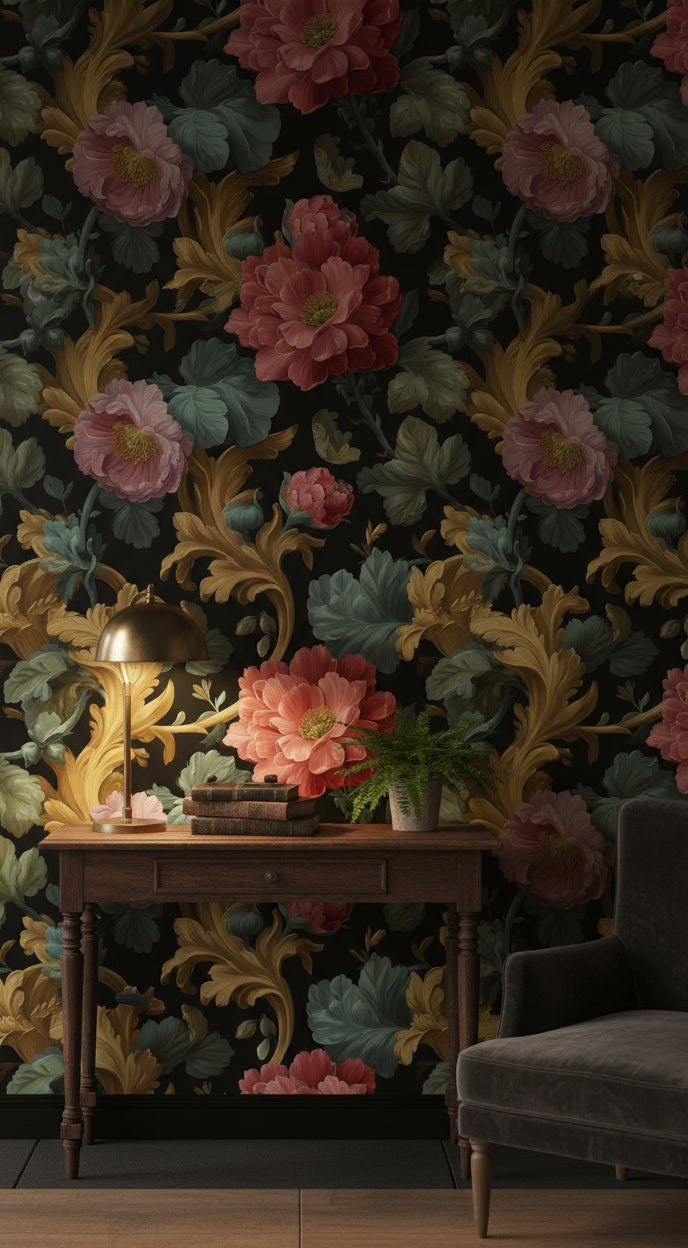 Dark Black Floral Extravaganza Wallpaper