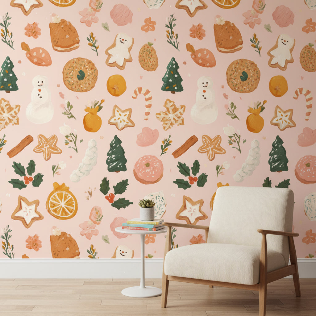 Pastel Pink Festive Treats Kids Wallpaper