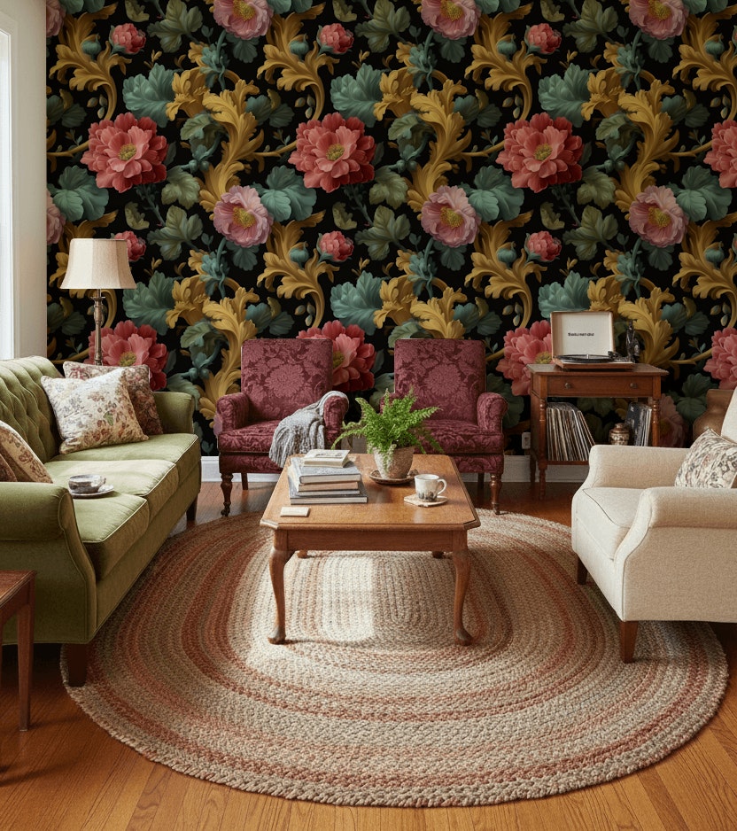 Muted Green Wallpaper Vintage Floral Wall Mural