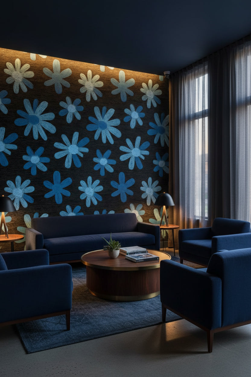 Vibrant Blue Daisy Floral Black Wallpaper