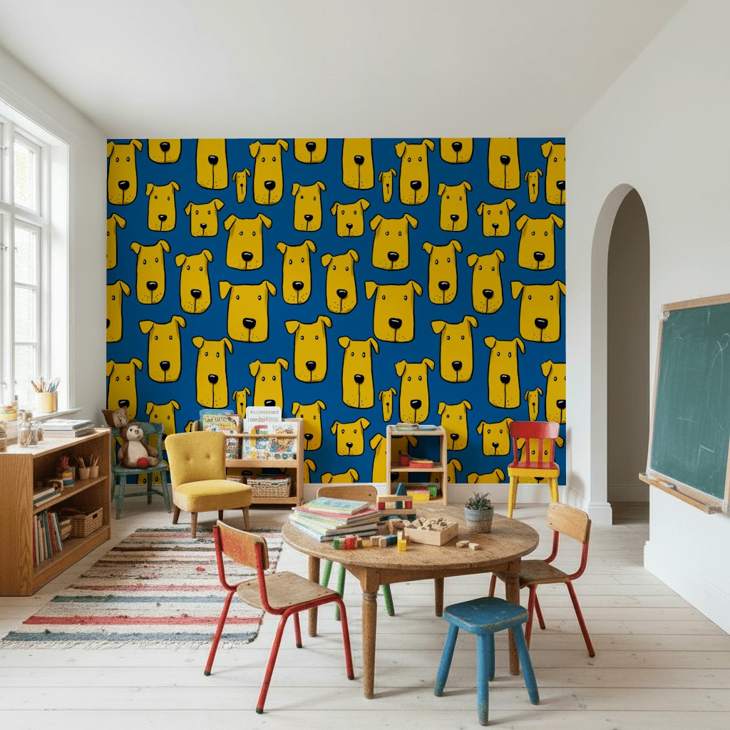 Bright Blue and Yellow Dog Pattern Wallpaper