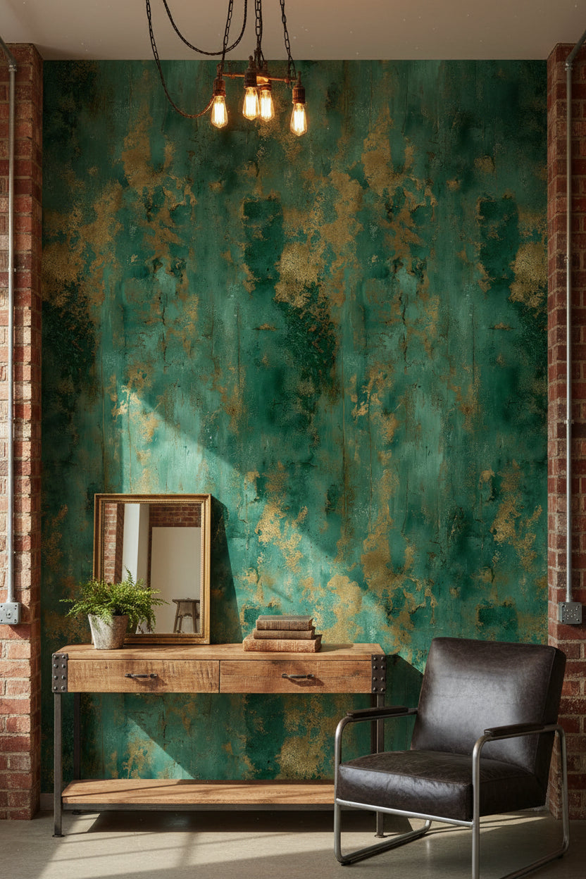 Emerald Green and Gold Look Abstract Texture Wallpaper