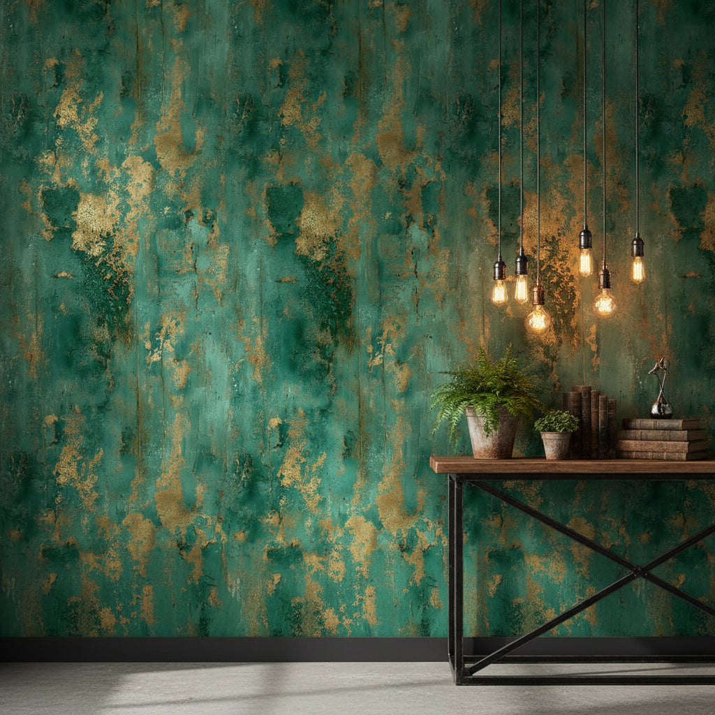 Emerald Green and Gold Look Abstract Texture Wallpaper