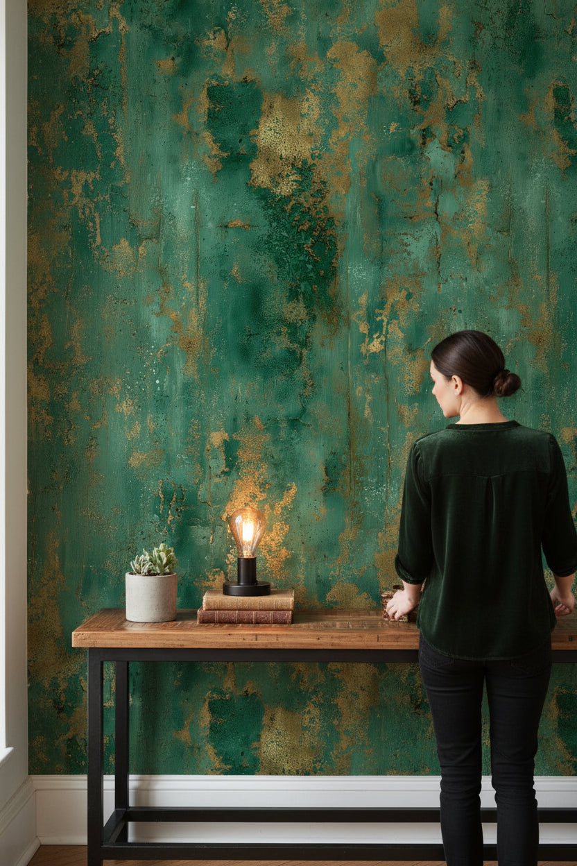 Emerald Green and Gold Look Abstract Texture Wallpaper