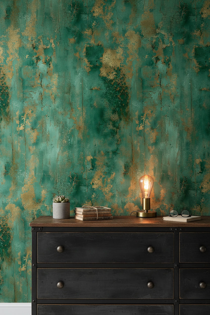 Emerald Green and Gold Look Abstract Texture Wallpaper