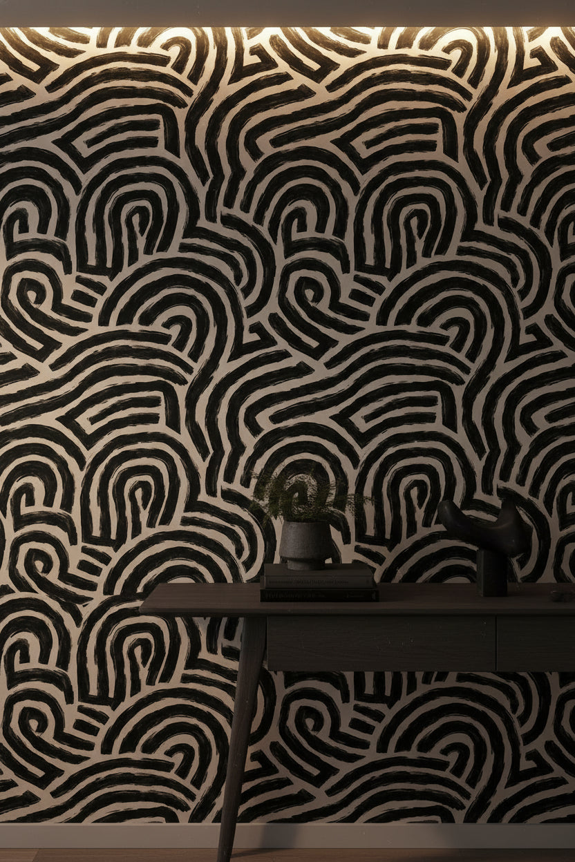 Bold Black and Beige Abstract Pattern Wallpaper