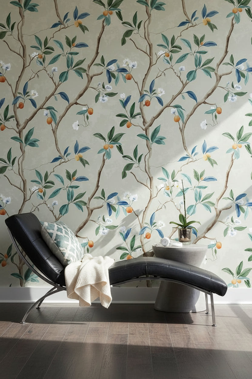 Beige Botanical Branch and Blossom Wallpaper