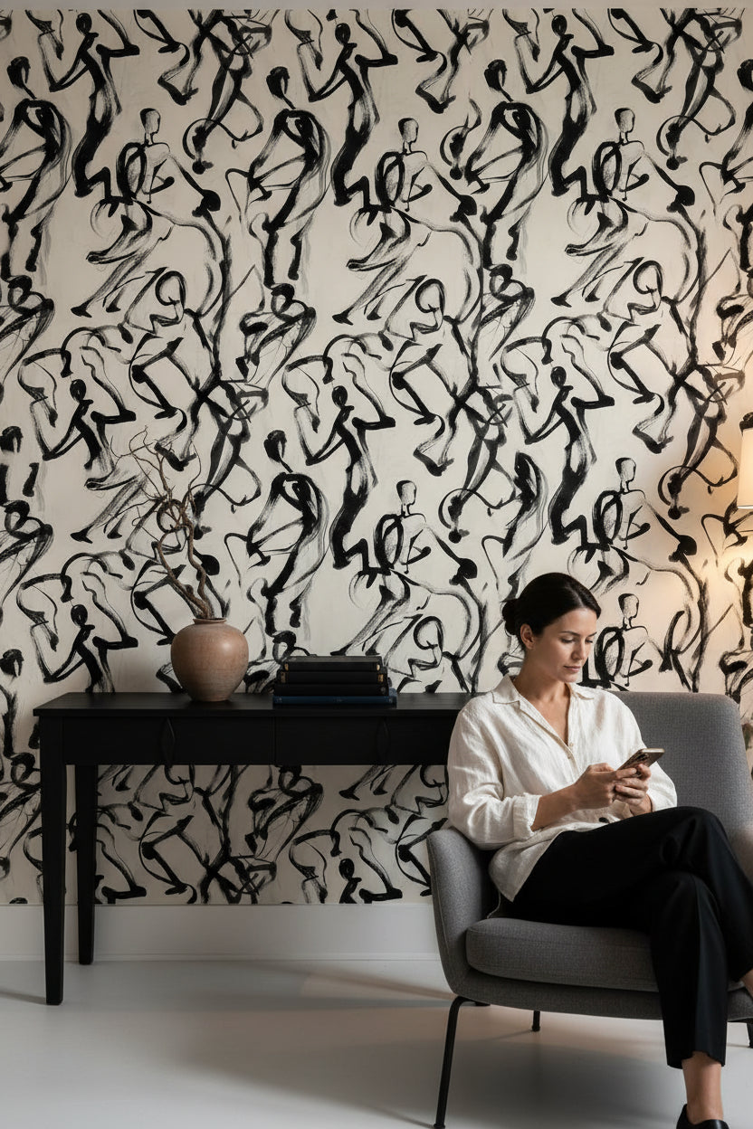 White and Black Abstract Brushstroke Wallpaper