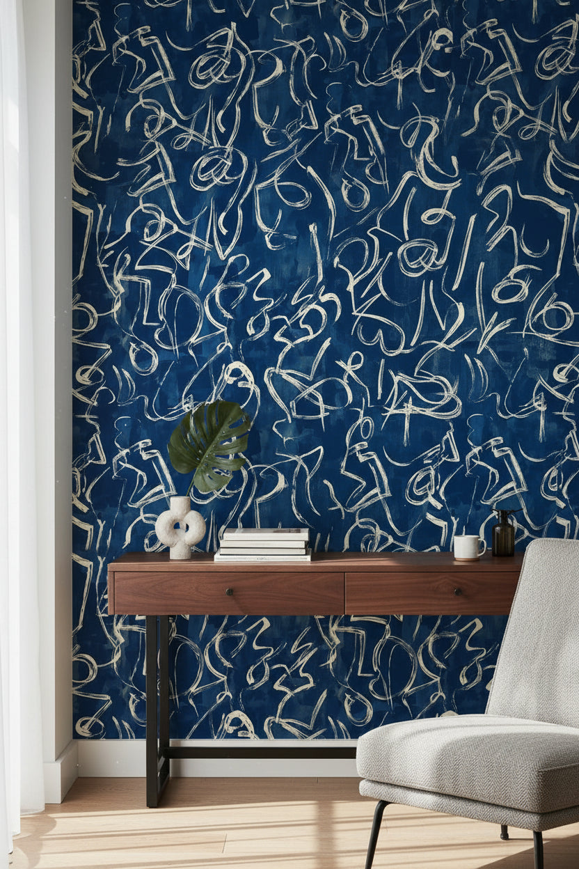 Navy Blue Abstract Scribble Pattern Wallpaper
