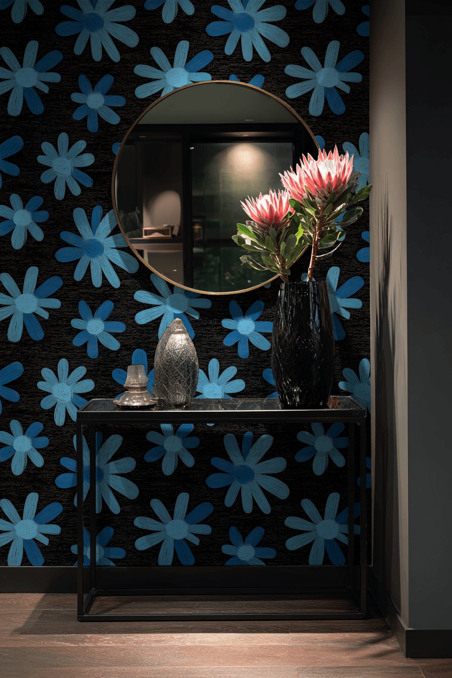 Vibrant Blue Daisy Floral Black Wallpaper
