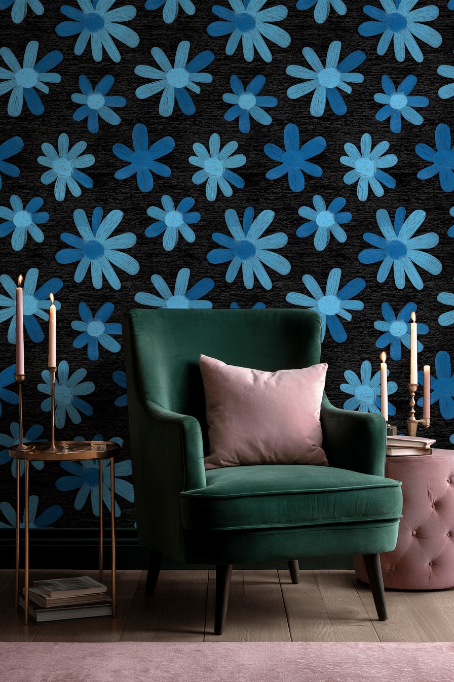 Vibrant Blue Daisy Floral Black Wallpaper