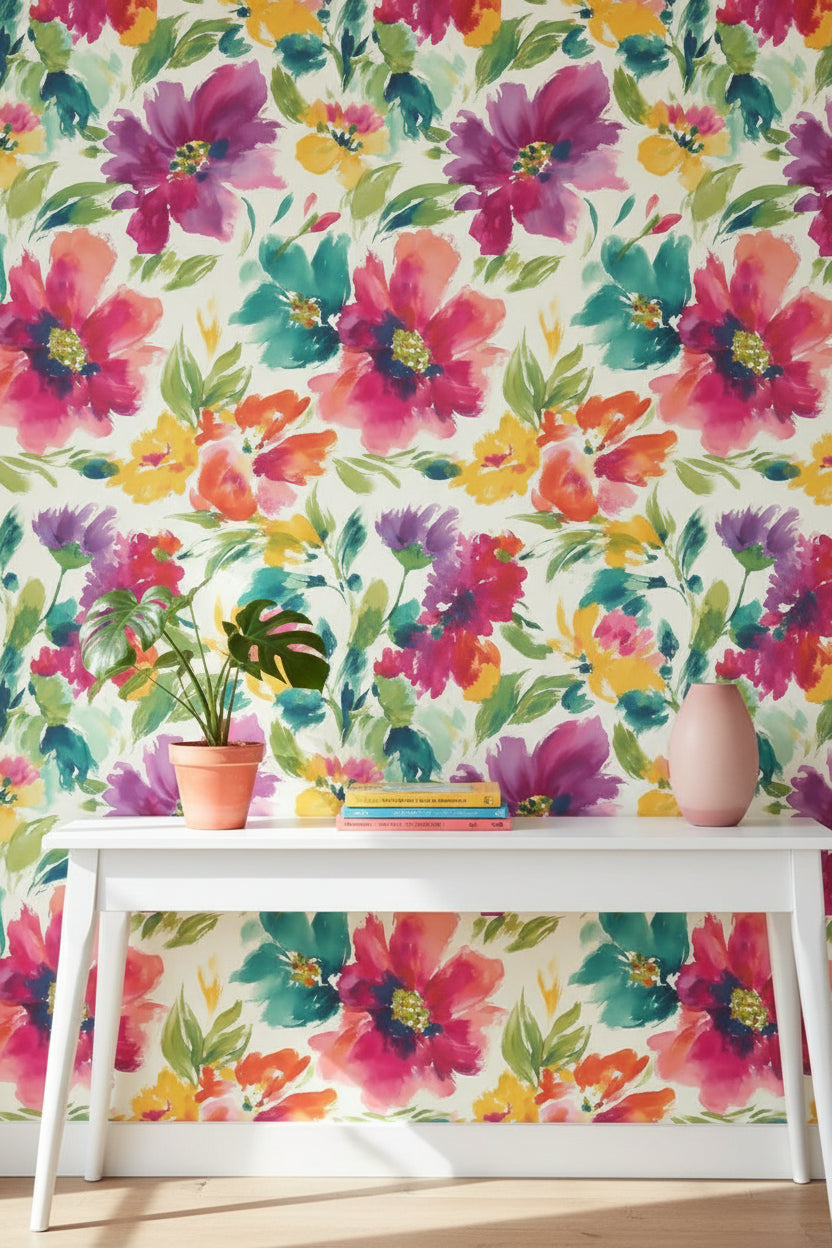 Vibrant Multicolor Watercolor Floral Wallpaper
