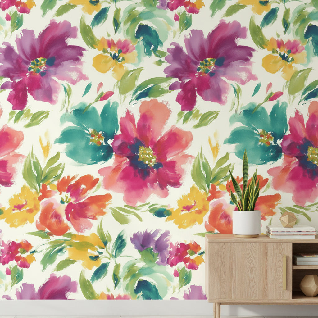 Vibrant Multicolor Watercolor Floral Wallpaper