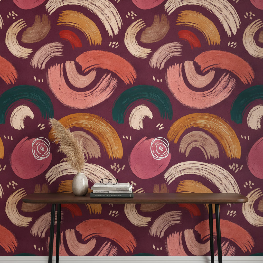 Burgundy and Ochre Abstract Brushstroke Wallpaper