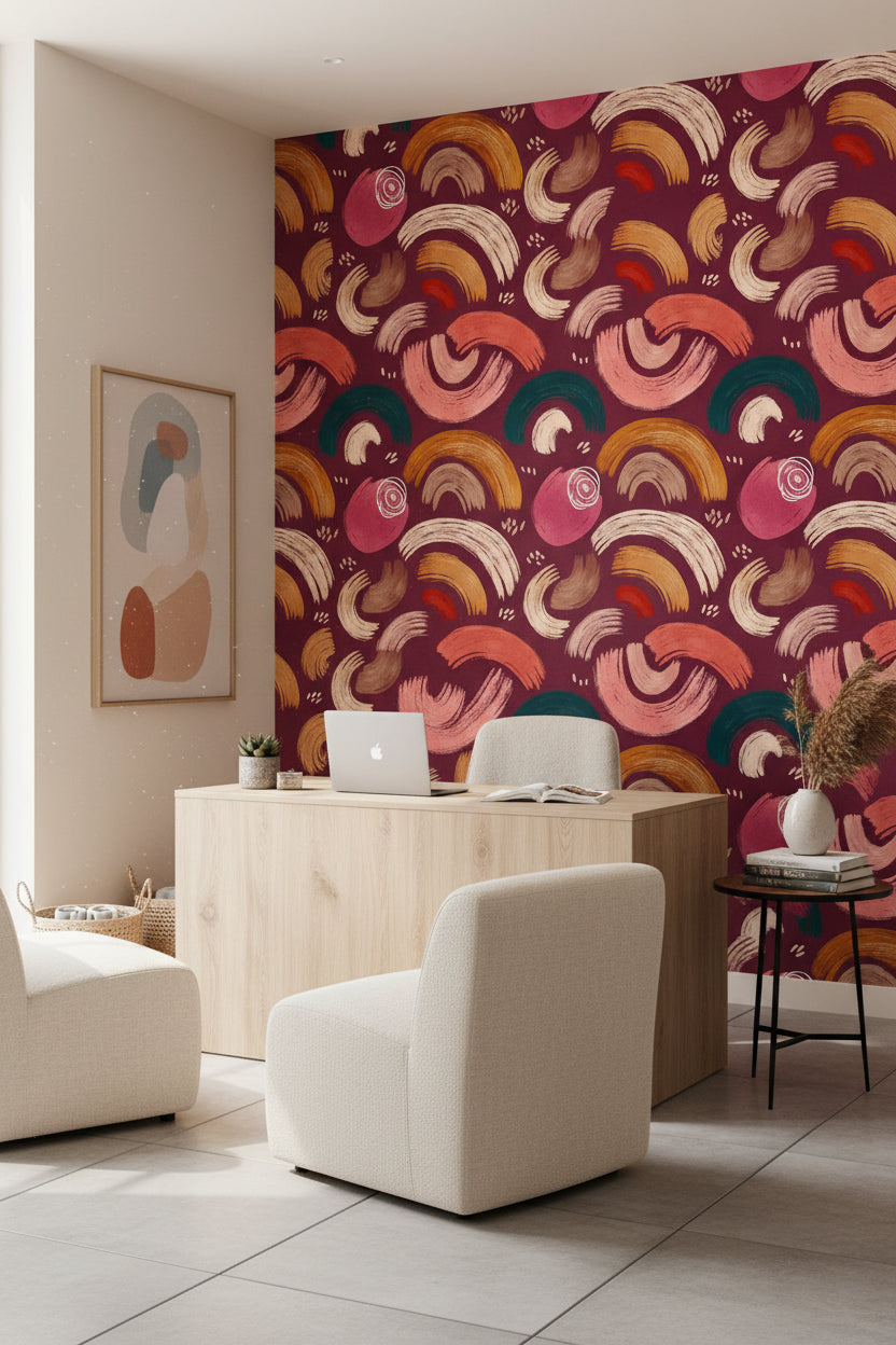 Burgundy and Ochre Abstract Brushstroke Wallpaper