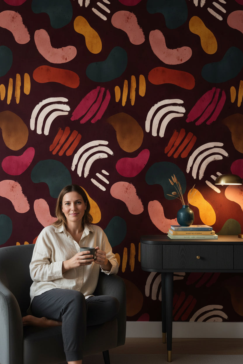 Rich Burgundy Multicolor Abstract Shapes Wallpaper