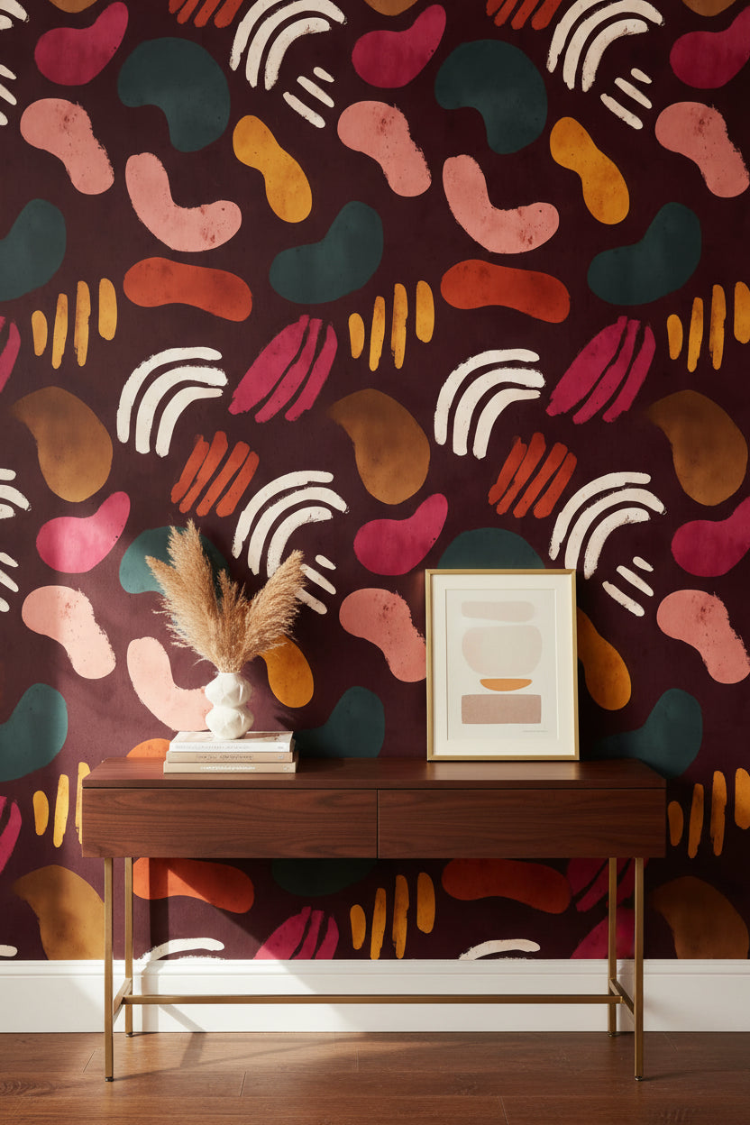 Rich Burgundy Multicolor Abstract Shapes Wallpaper