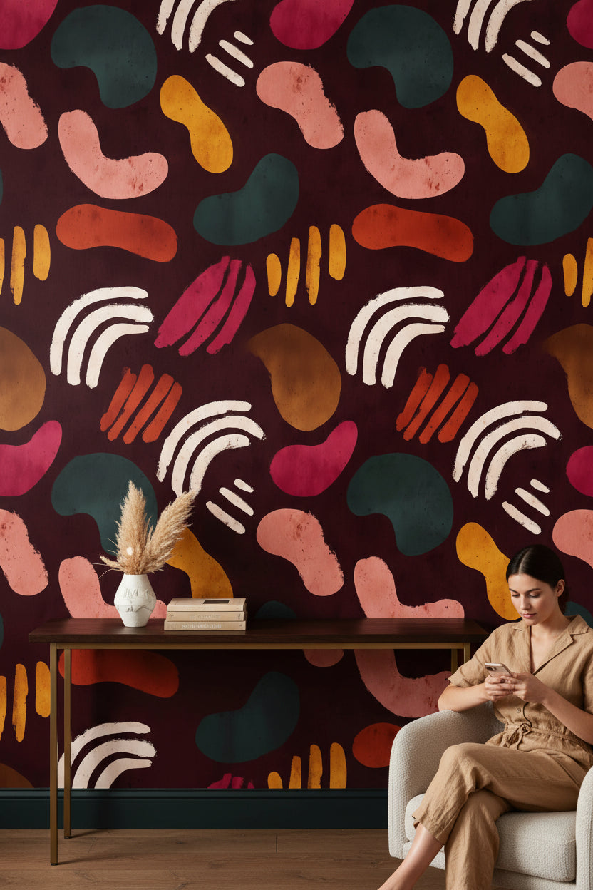 Rich Burgundy Multicolor Abstract Shapes Wallpaper
