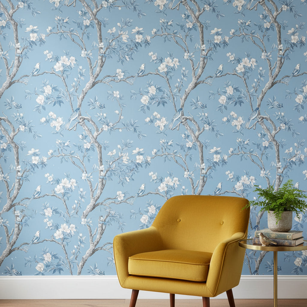 Sky Blue Cherry Blossom and Bird Wallpaper