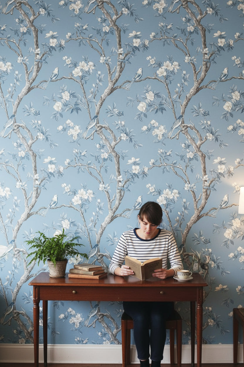 Sky Blue Cherry Blossom and Bird Wallpaper