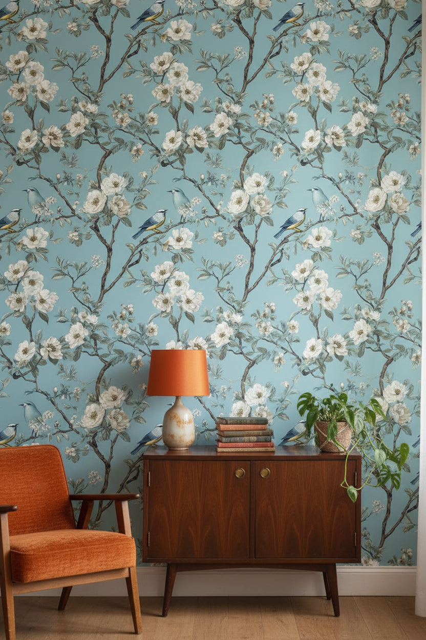 Teal Blue Cherry Blossom Bird Wallpaper