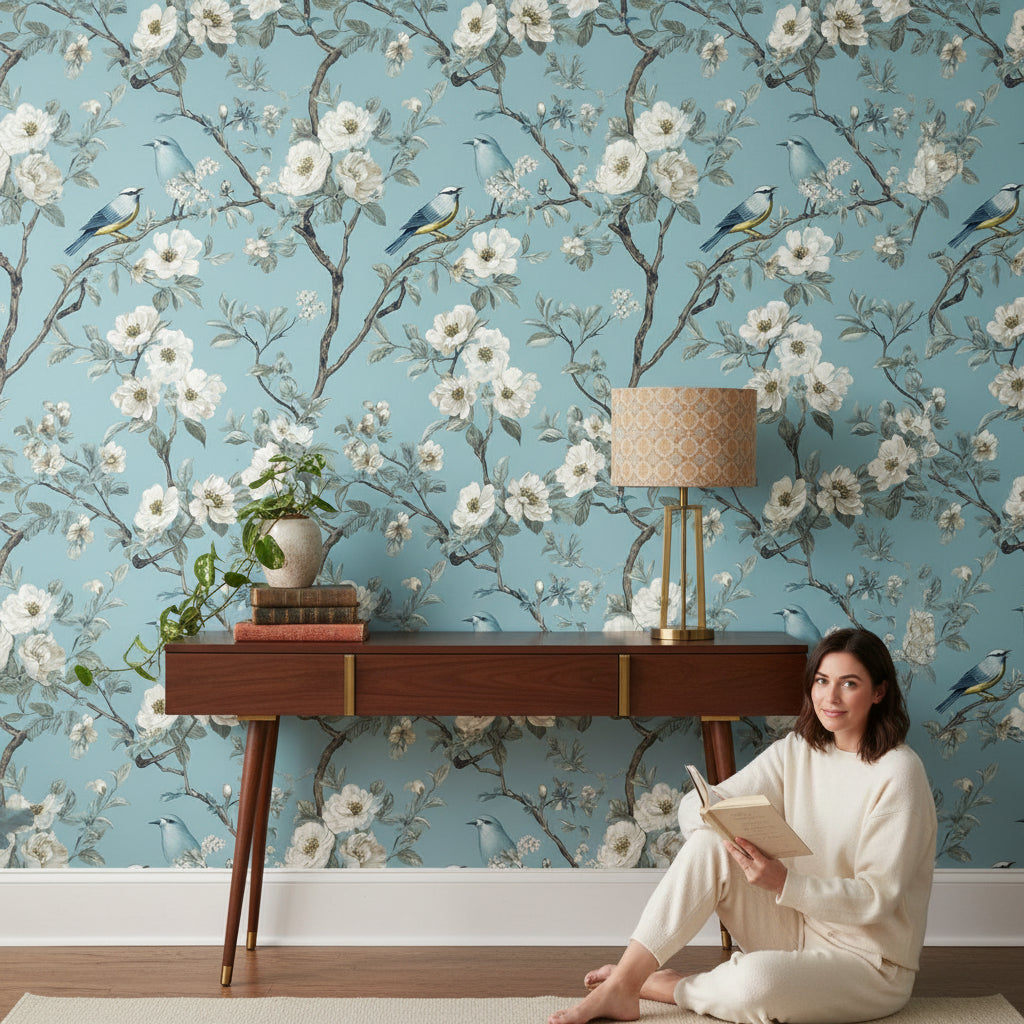 Teal Blue Cherry Blossom Bird Wallpaper