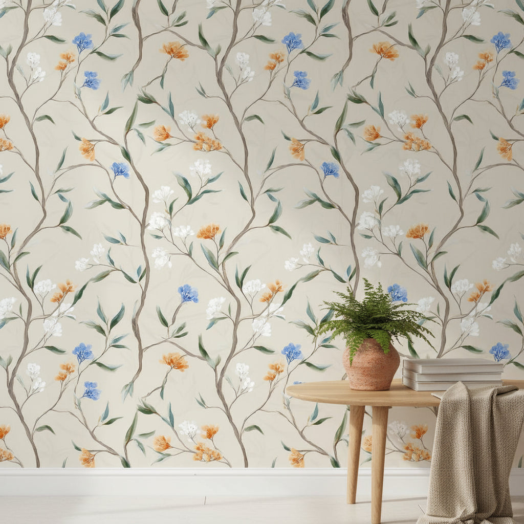 Beige Vintage Floral Branches Wallpaper
