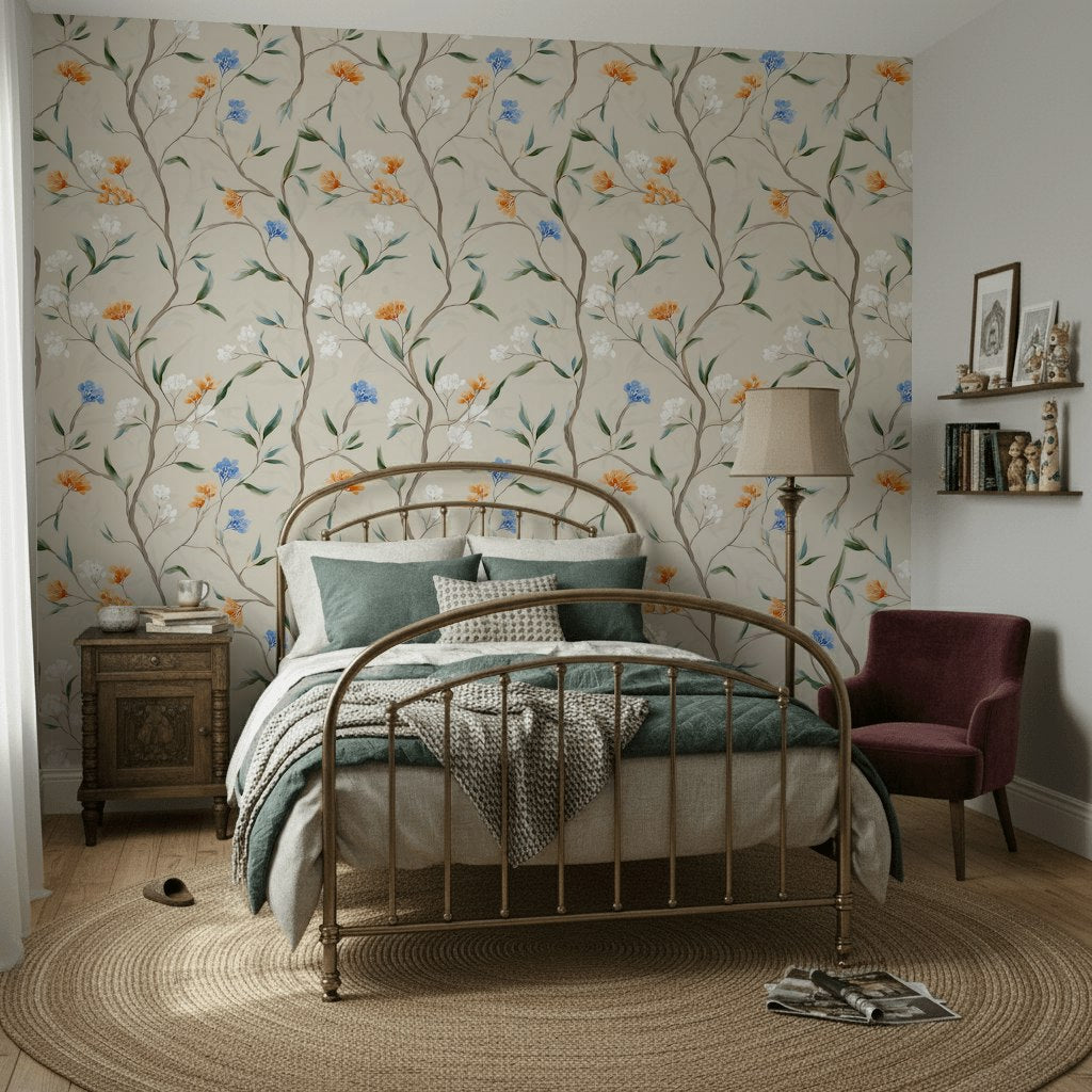 Beige Vintage Floral Branches Wallpaper