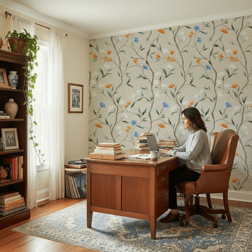 Beige Vintage Floral Branches Wallpaper