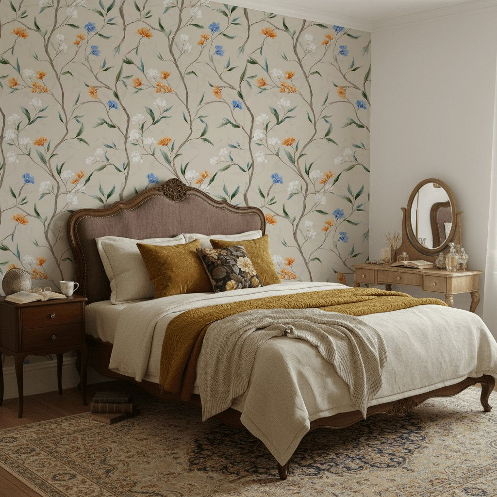 Beige Vintage Floral Branches Wallpaper