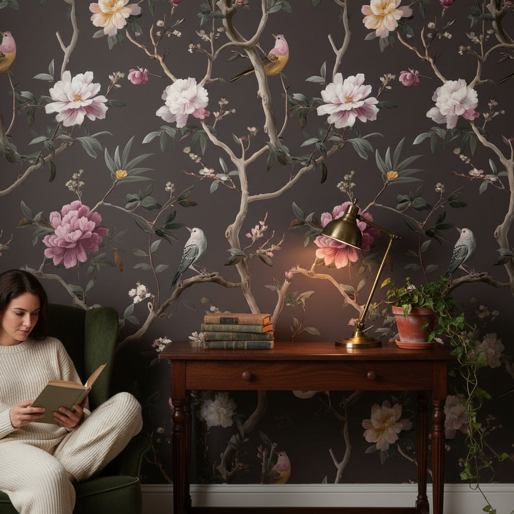 Dark Charcoal Peony and Bird Chinoiserie Wallpaper